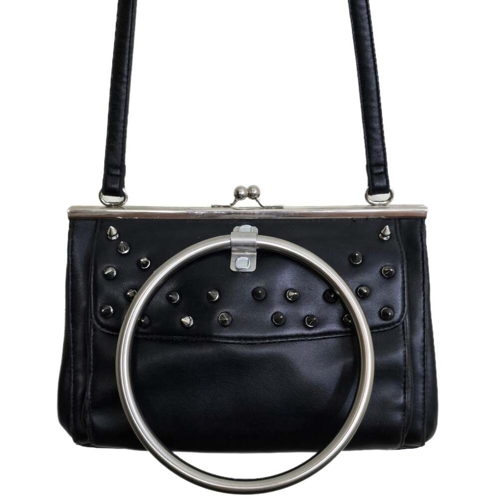 Vintage Y2K O-Ring Studded Shoulder Bag Black Soft Leather